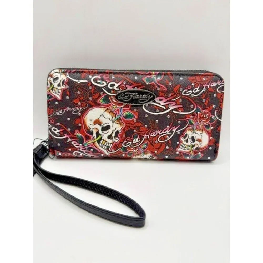 Ed Hardy Skull Rose Zip Around Wallet Wristlet Y2K Retro Black Red Tattoo New